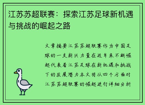 江苏苏超联赛：探索江苏足球新机遇与挑战的崛起之路