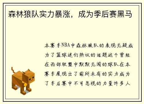 森林狼队实力暴涨，成为季后赛黑马