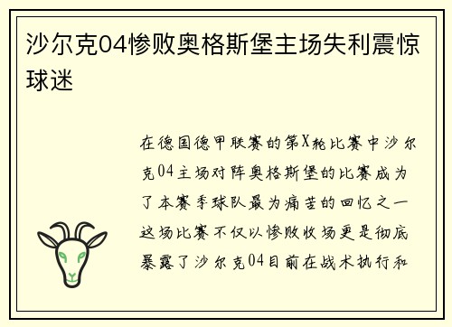 沙尔克04惨败奥格斯堡主场失利震惊球迷